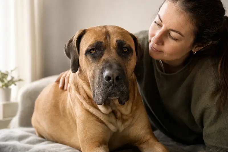 Ein Alangu Mastiff mit aufmerksamem Blick in sanftem Licht, der Vertrauen und Freundlichkeit ausstrahlt.